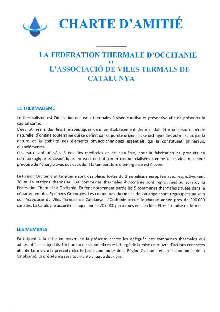 Charte d'amitié entre la Fédération Thermale d'Occitanie et l'Associació de Viles Termals de Catalunya