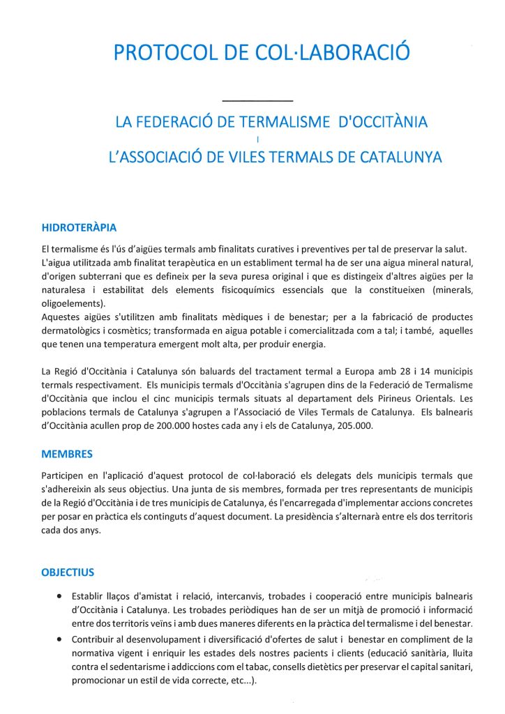 Charte d'amitié entre la Fédération Thermale d'Occitanie et l'Associació de Viles Termals de Catalunya