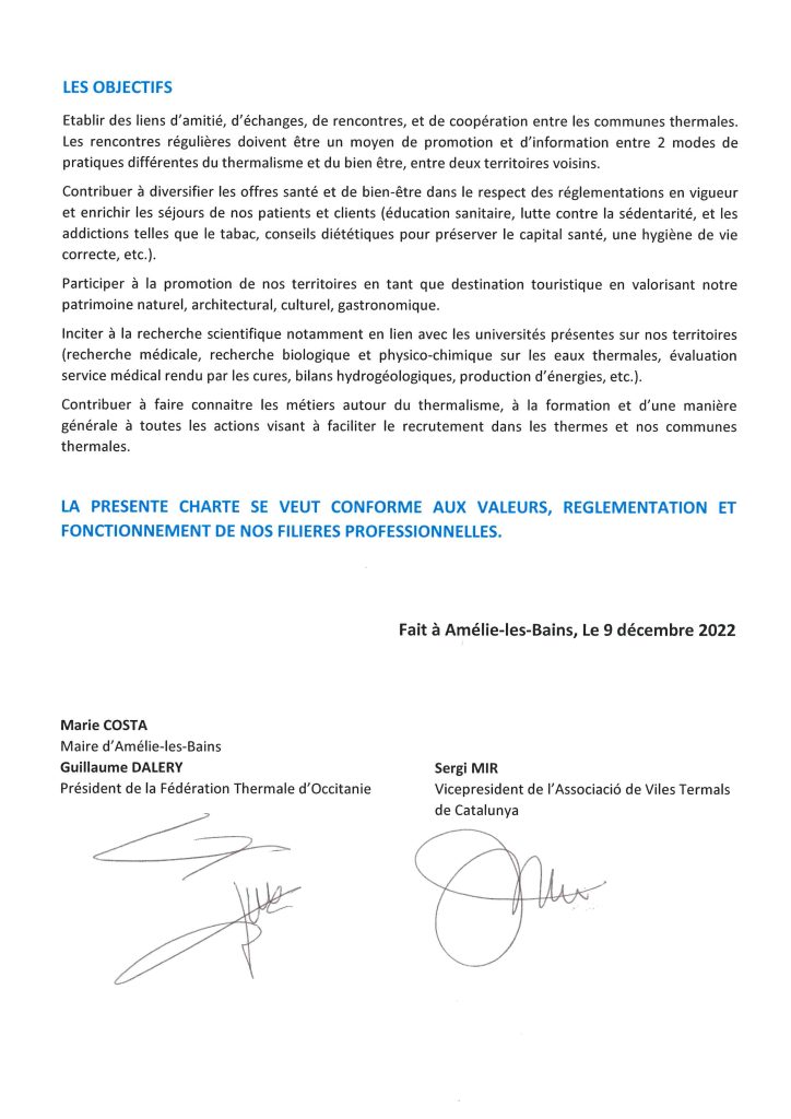 Charte d'amitié entre la Fédération Thermale d'Occitanie et l'Associació de Viles Termals de Catalunya